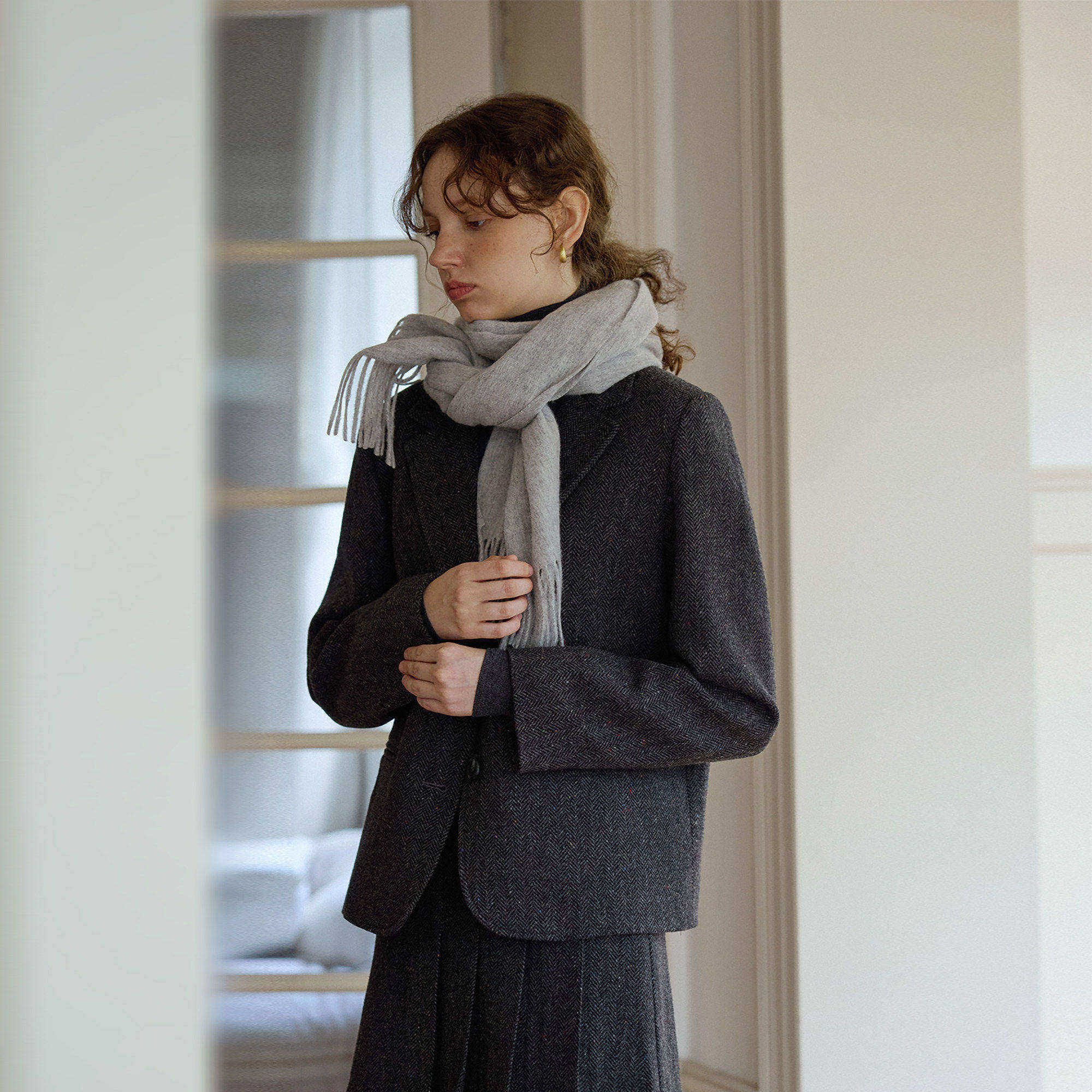 复古人字纹羊毛休闲宽松短款西装毛呢外套女秋冬新款呢子通勤韩版