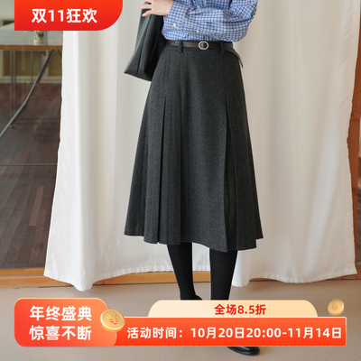 复古深灰色百搭高腰羊毛混纺毛呢a字百褶半身裙女秋款中长款半裙