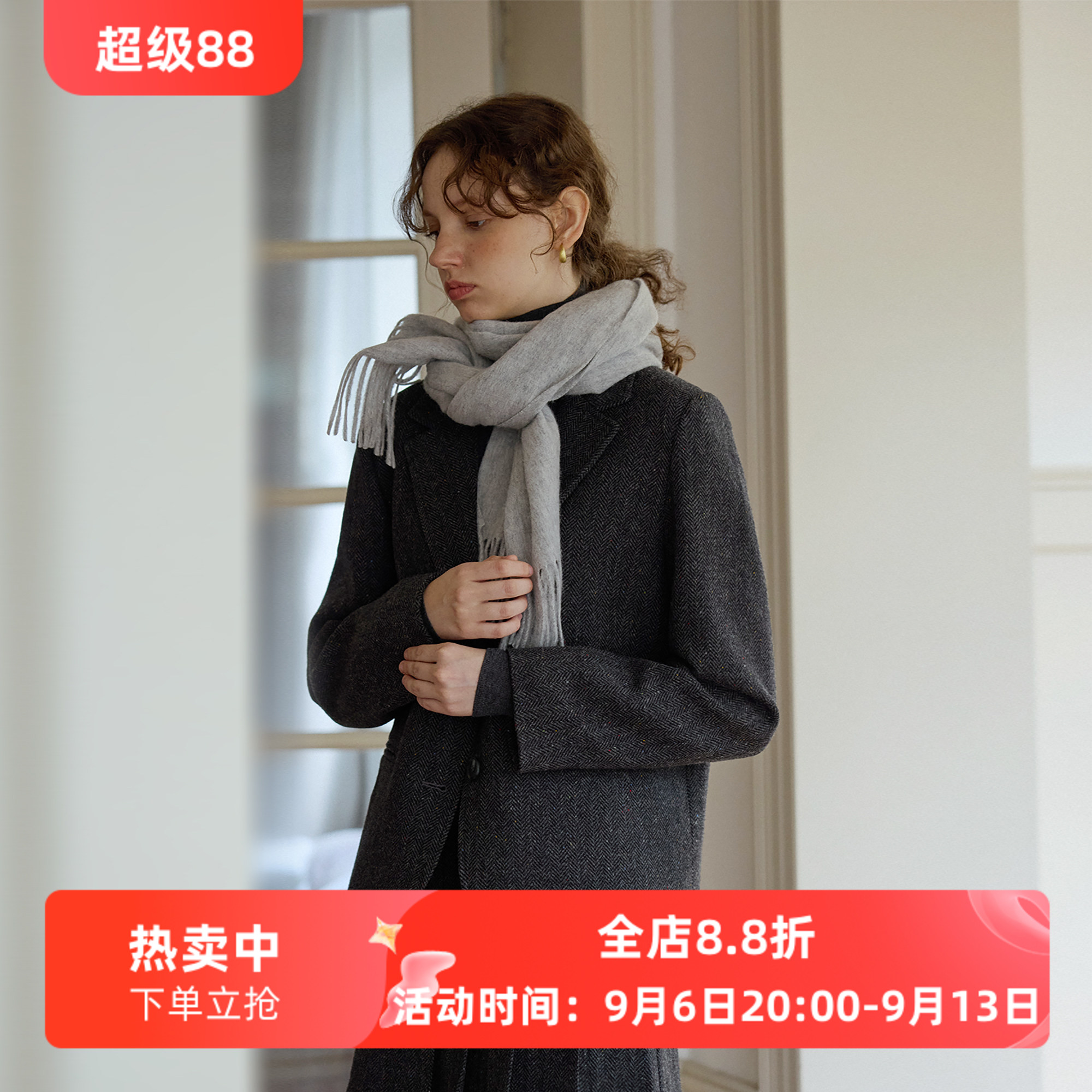 复古人字纹羊毛休闲宽松短款西装毛呢外套女秋冬新款呢子通勤韩版