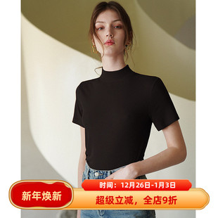 法式 T恤女夏款 复古简约风半高领修身 打底衫 上衣 显瘦短袖 徐莫西