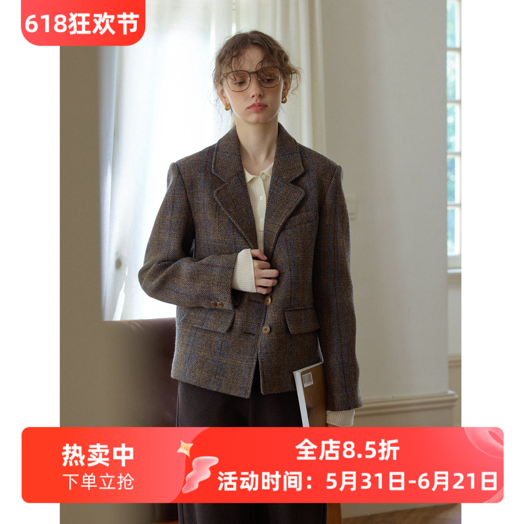 复古风格纹宽松短款羊毛毛呢西装外套女秋冬季新款呢子通勤小个子
