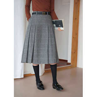 复古百搭高腰羊毛混纺毛呢格纹a字百褶半身裙女秋中长款格子半裙