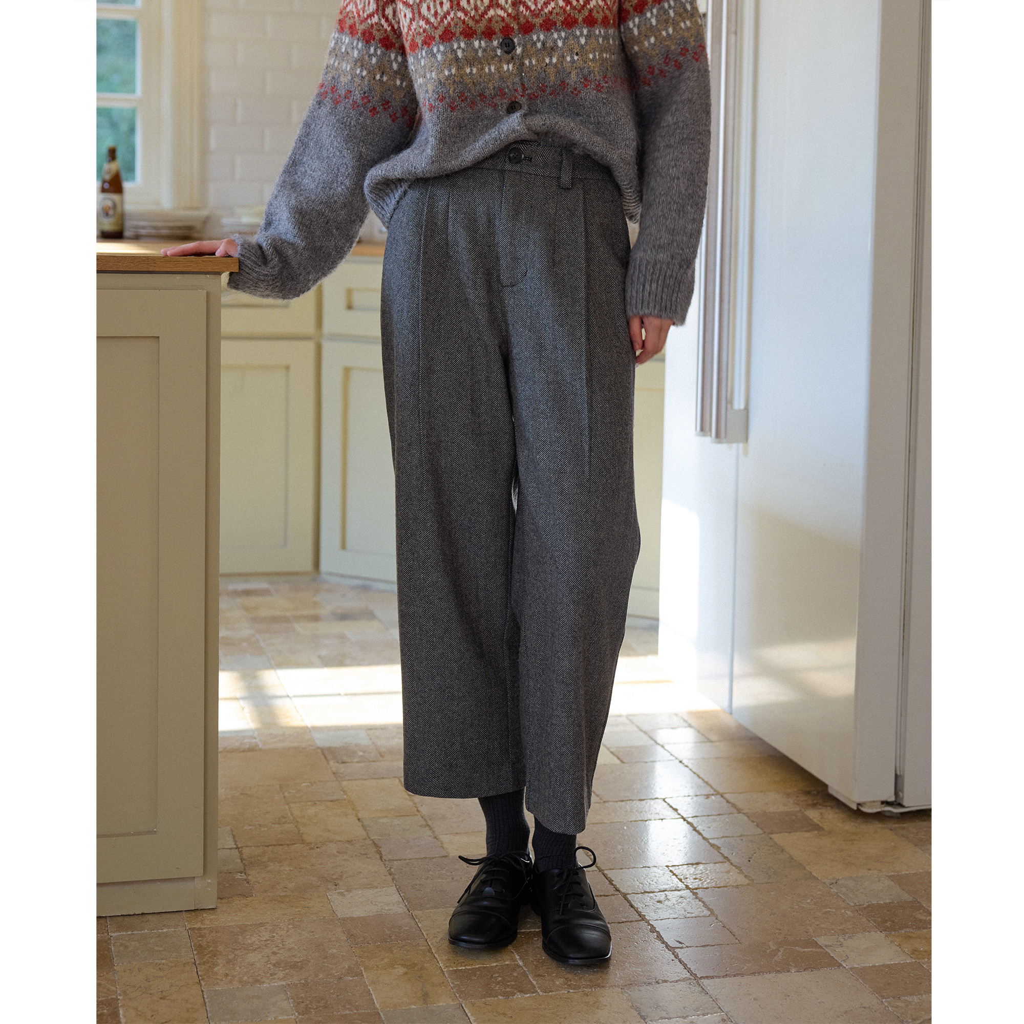 复古灰色人字纹羊毛毛呢高腰直筒裤九分裤女秋冬季款休闲通勤西裤