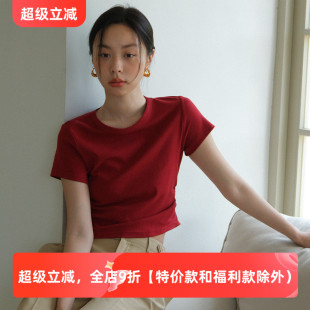 T恤女夏 法式 复古红圆领正肩纯欲风收腰修身 显瘦辣妹高腰短款 短袖