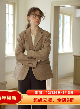 复古风灰色羊毛休闲宽松短款西装毛呢外套女秋冬新款呢子通勤韩版