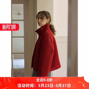 复古红色毛圈圈羊毛短款宽松毛呢外套女秋冬款呢子大衣外套小个子