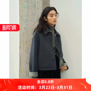 简约深灰色休闲通勤短款宽松绵羊毛双面呢大衣女秋冬款外套小个子