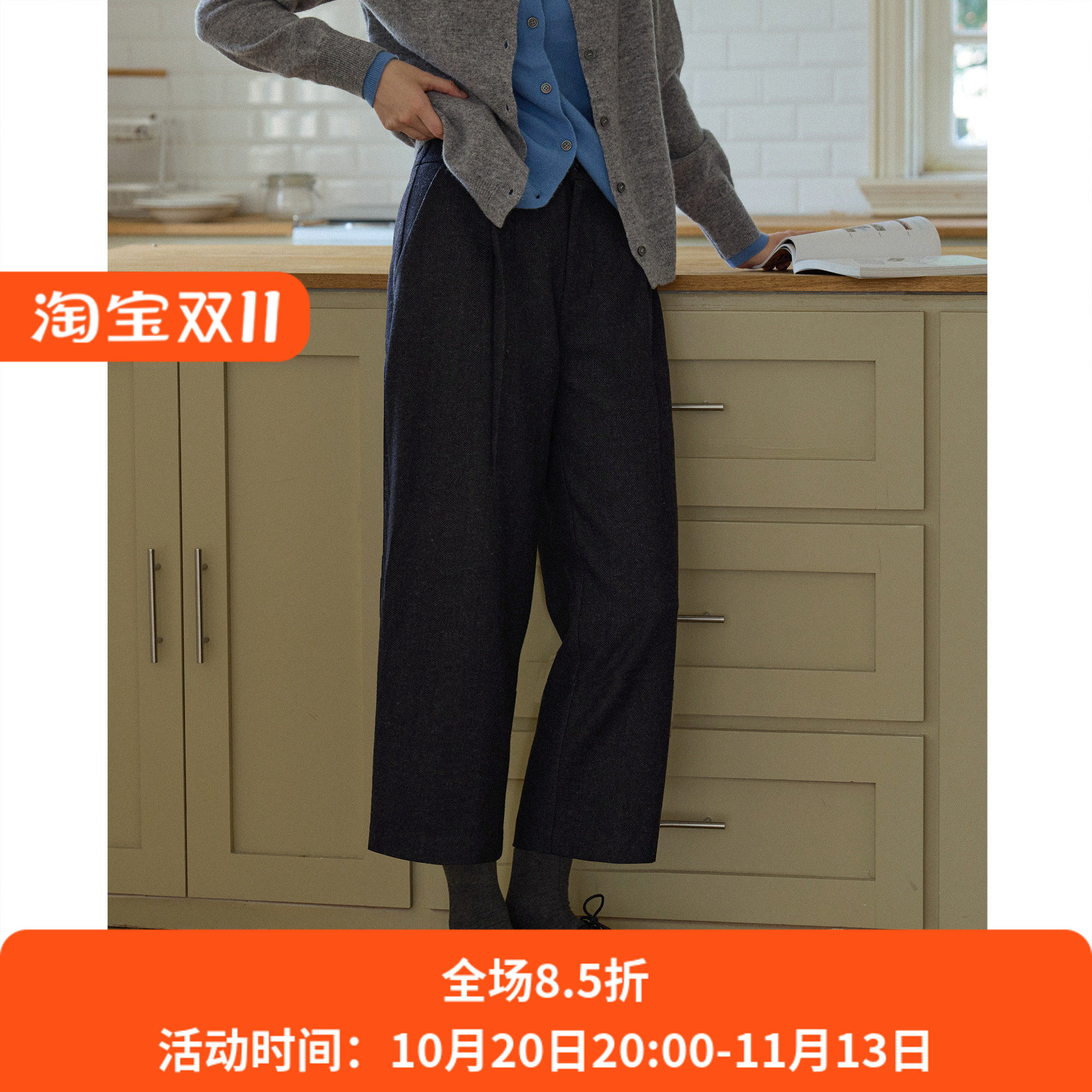 复古黑灰色人字纹羊毛毛呢高腰直筒裤九分裤女秋冬款休闲通勤西裤