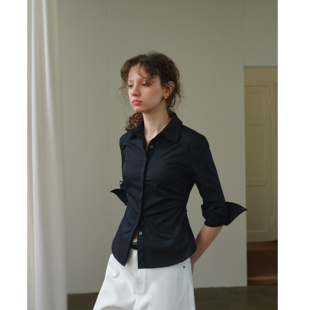 显瘦衬衫 修身 女春夏气质休闲通勤百搭上衣 中袖 好打理黑色收腰薄款