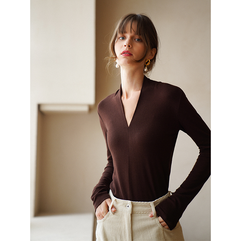 法式v领针织打底衫t恤锁骨上衣