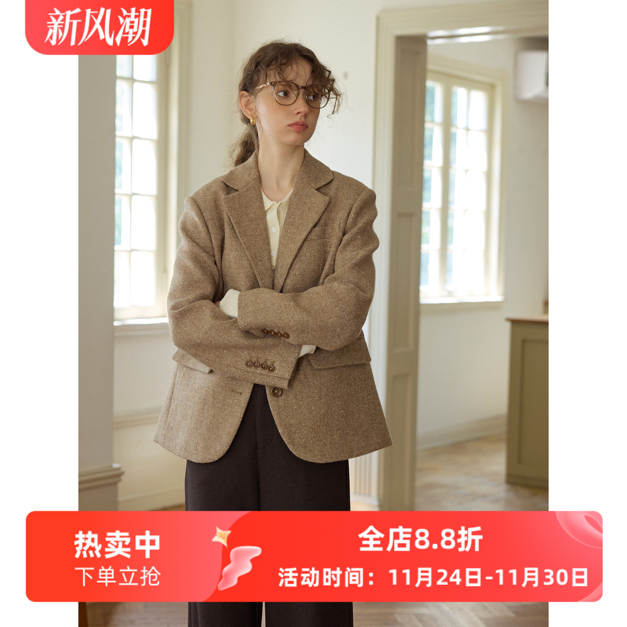 复古风灰色羊毛休闲宽松短款西装毛呢外套女秋冬新款呢子通勤韩版