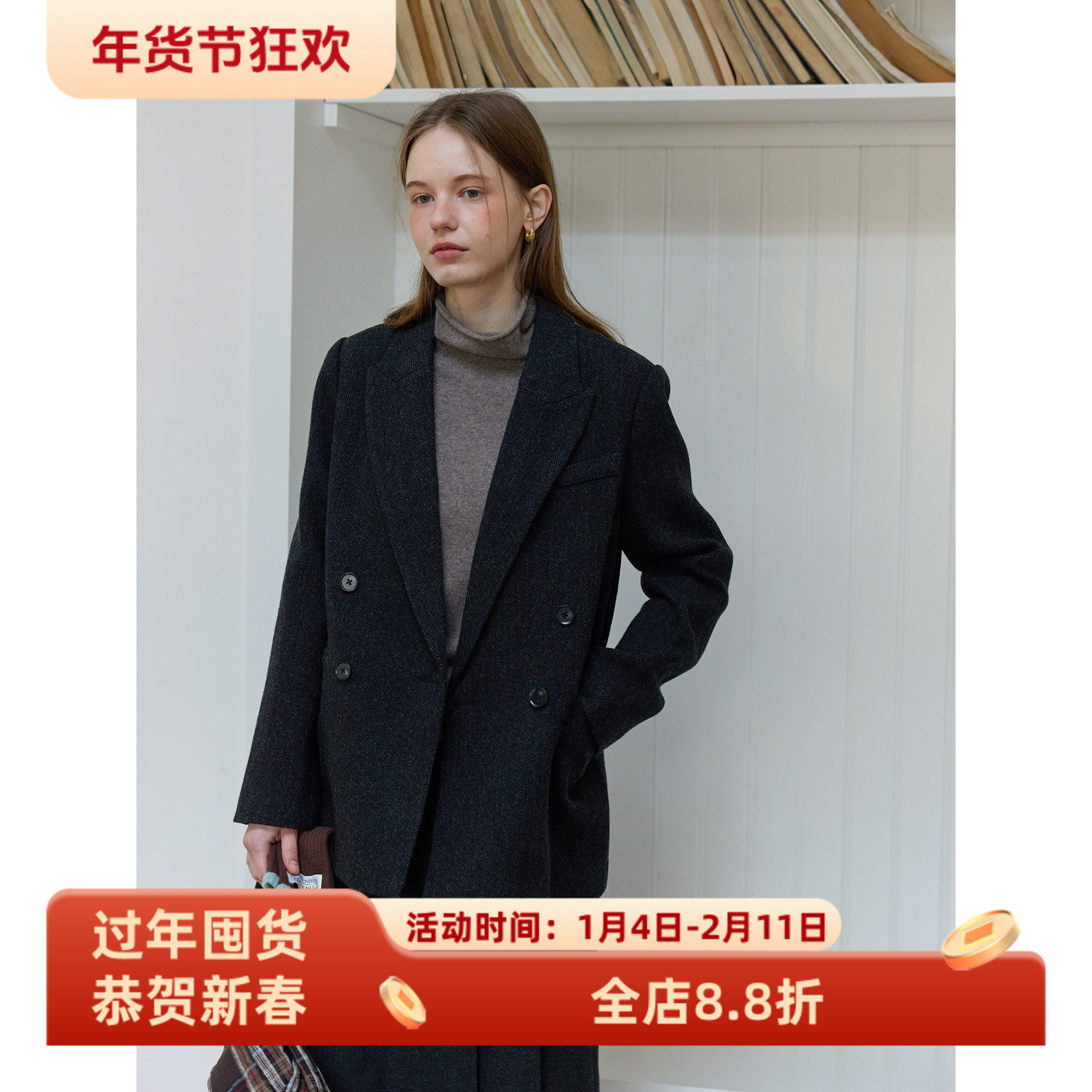 复古风全羊毛人字纹休闲宽松西装毛呢外套女呢子秋冬新款通勤韩版