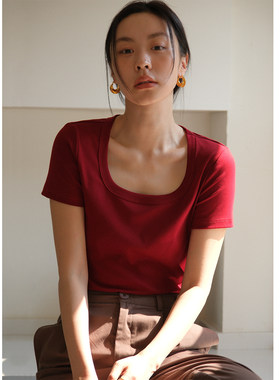 U型领修身棉短款短袖T恤女夏