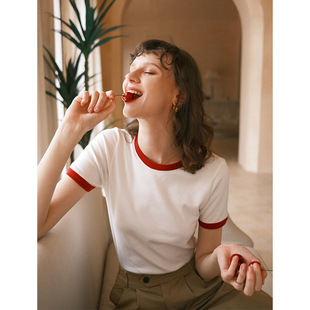 棉T恤女夏上衣 徐莫西 法式 文艺范复古ins风红色领口撞色修身 短袖