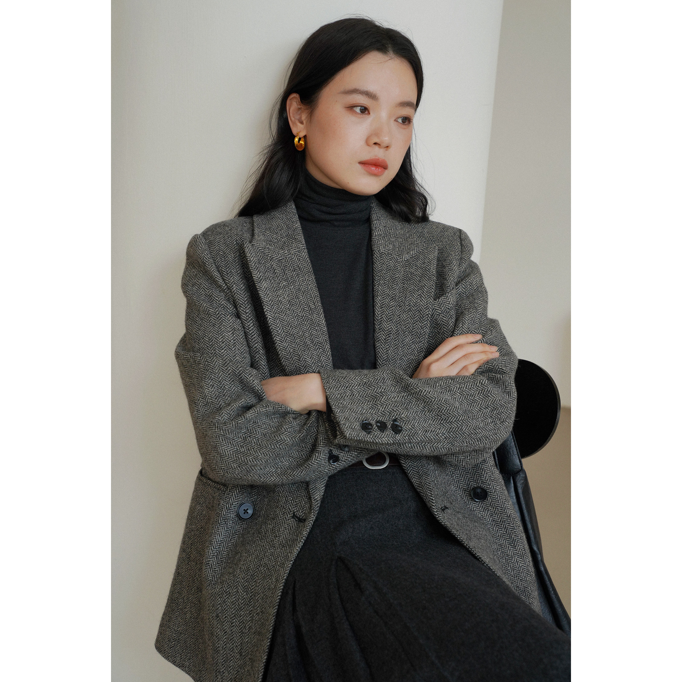 复古风全羊毛人字纹休闲宽松西装毛呢外套女呢子秋冬新款通勤韩版