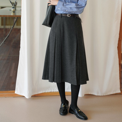 复古深灰色百搭高腰羊毛混纺毛呢a字百褶半身裙女秋款中长款半裙