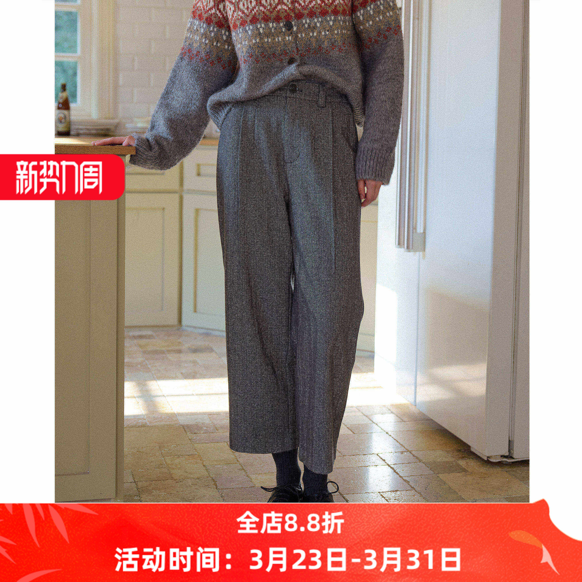 复古灰色人字纹羊毛毛呢高腰直筒裤九分裤女秋冬季款休闲通勤西裤