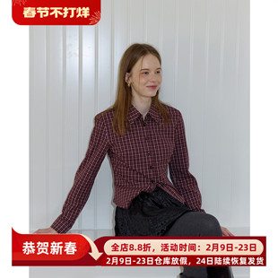 暗红格纹知识分子气质复古收腰显瘦纯棉短款长袖衬衫女春新款上衣