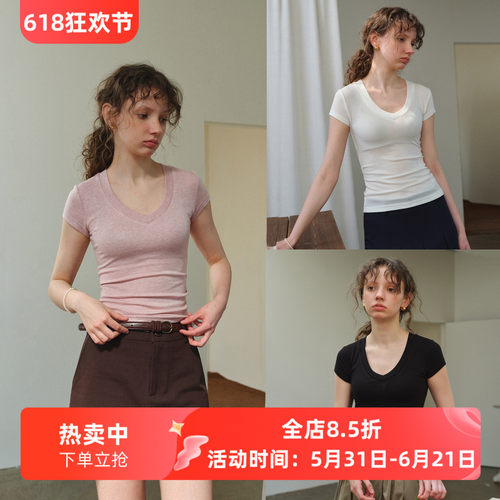 天丝羊毛v领收腰修身显瘦短袖T恤