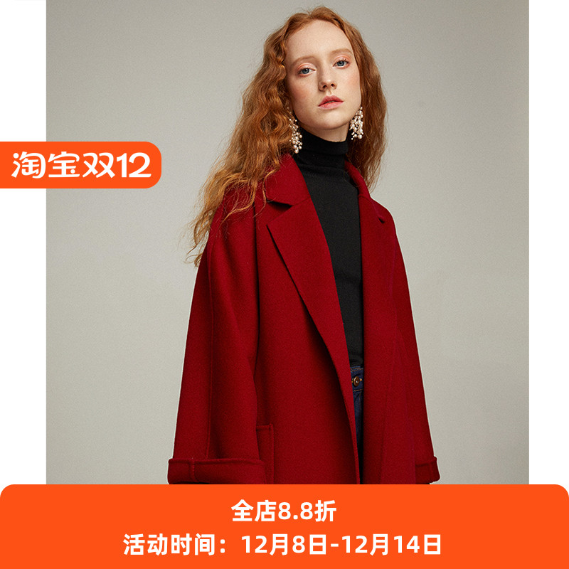 复古红色双面呢新款气质羊毛大衣