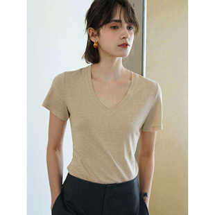 法式正肩V领微宽松短袖亚麻微透薄款T恤女夏新款露锁骨百搭上衣
