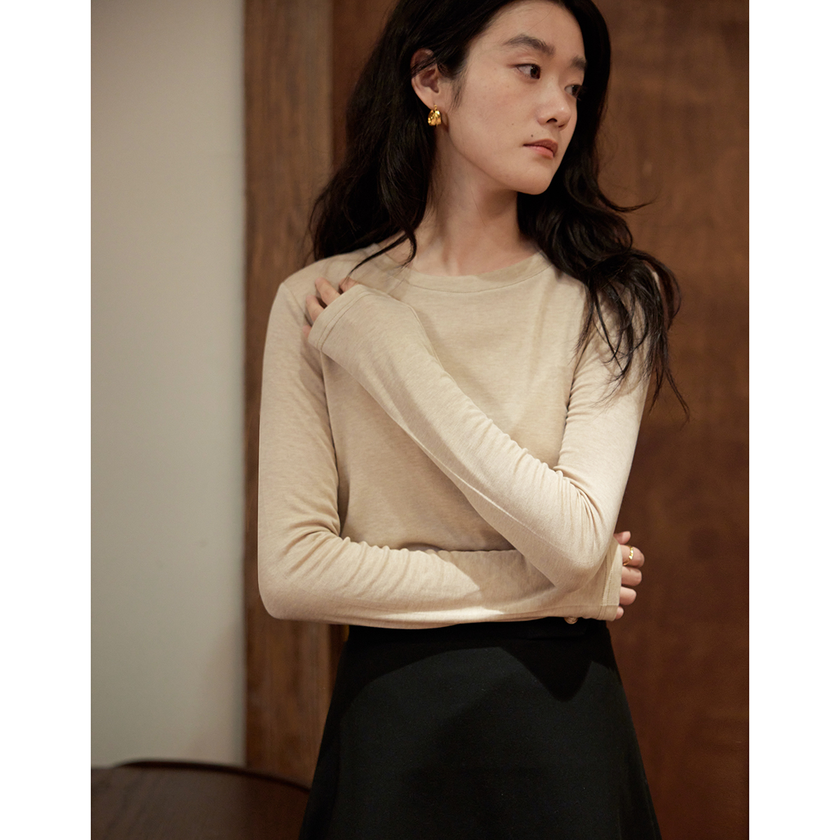 圆领天丝羊毛长袖T恤轻薄打底衫