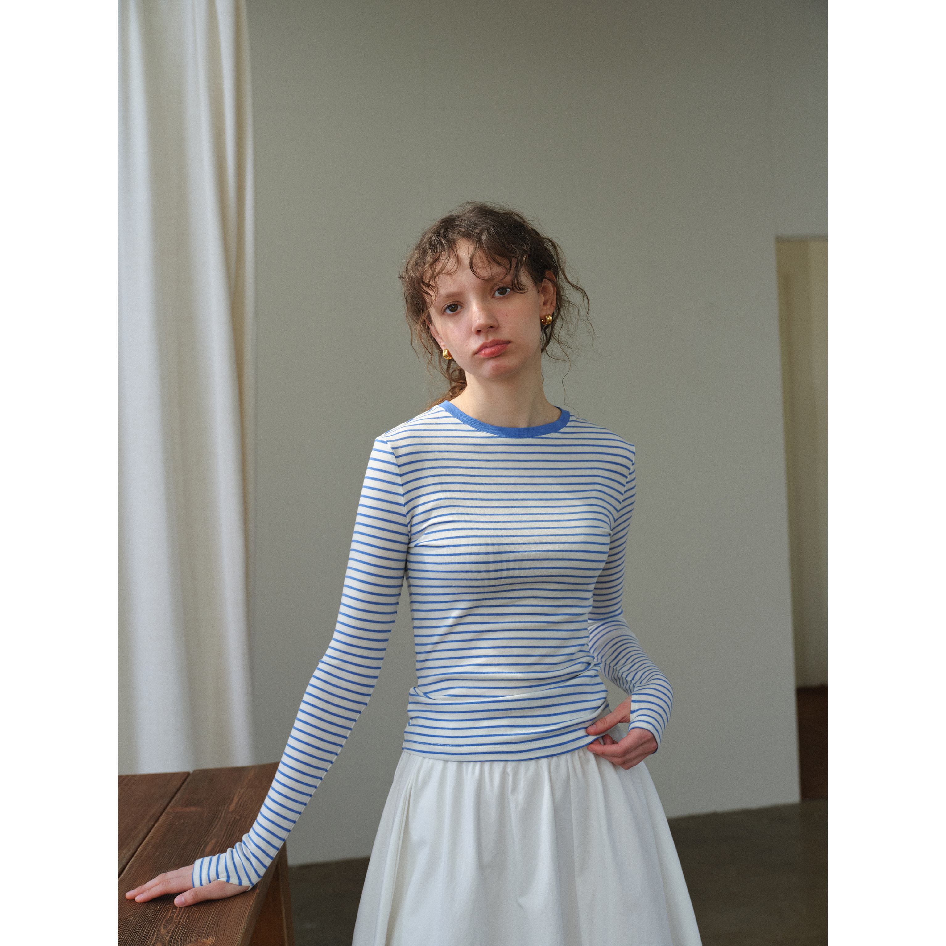 天丝羊毛圆领彩色条纹修身显瘦长袖T恤女春夏薄款针织打底衫上衣