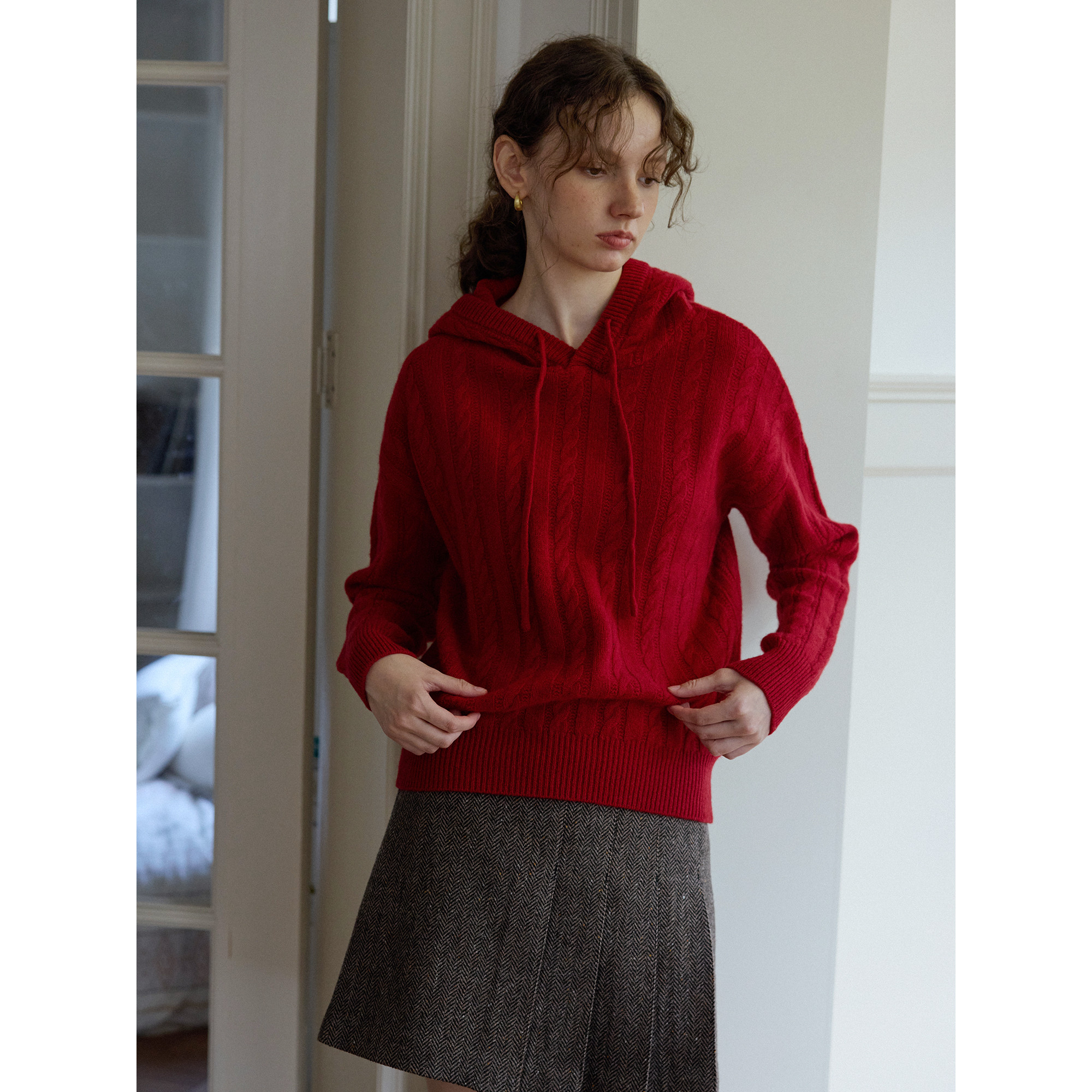 灰色百搭软糯亲肤重磅羊毛加厚麻花连帽针织衫女秋冬宽松毛衣上衣