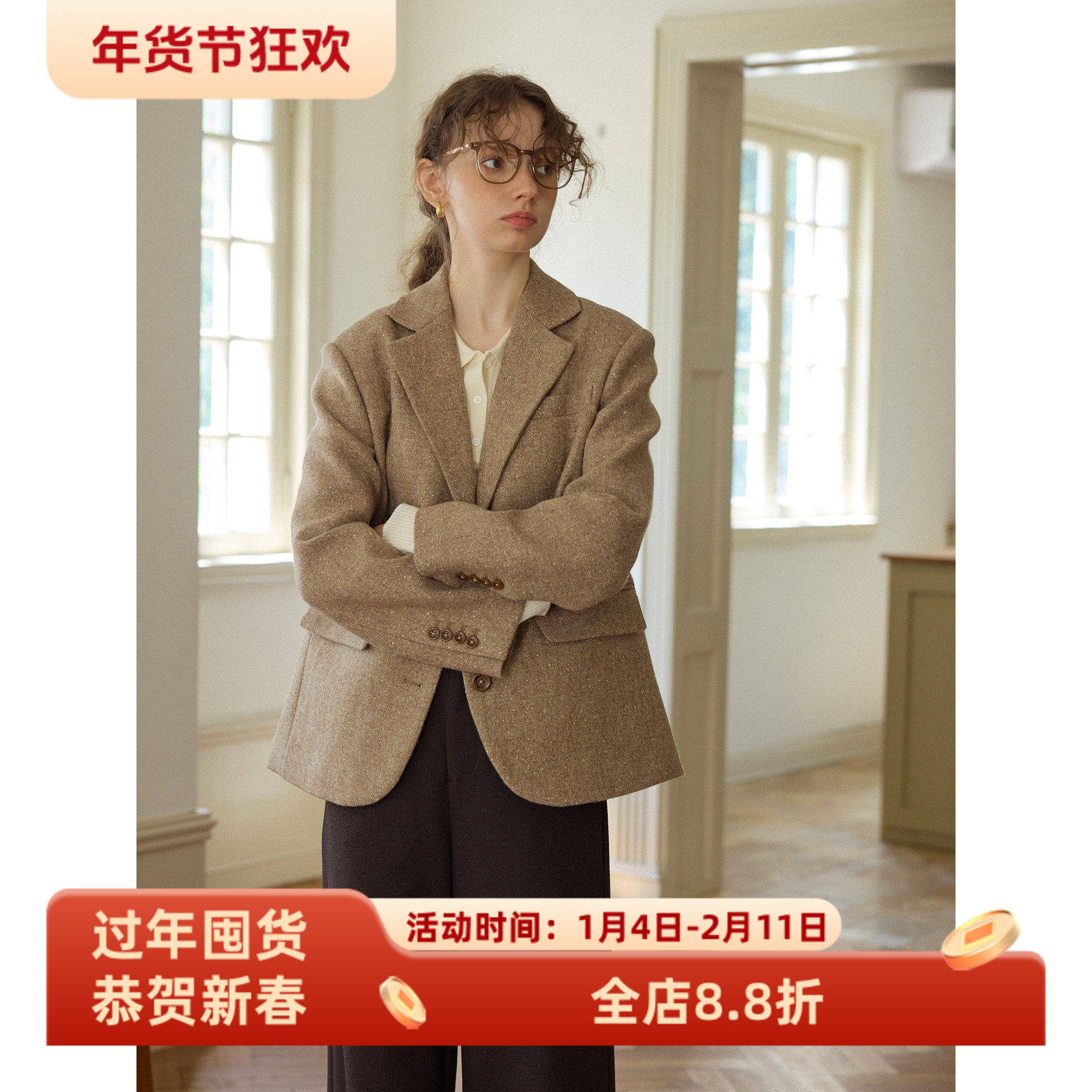 复古风灰色羊毛休闲宽松短款西装毛呢外套女秋冬新款呢子通勤韩版