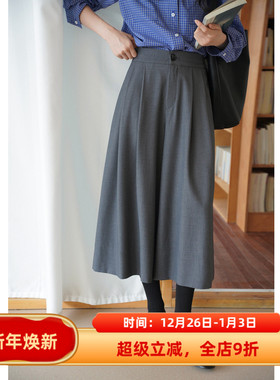 百搭灰色羊毛裙裤女秋款高腰八分休闲裤阔腿裤黑色直筒裤裤裙通勤