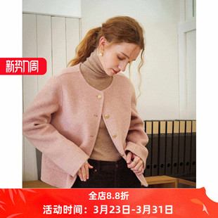 小个子宽松外套 羊毛双面呢大衣女秋冬款 法式 粉色骆驼绒小香风短款