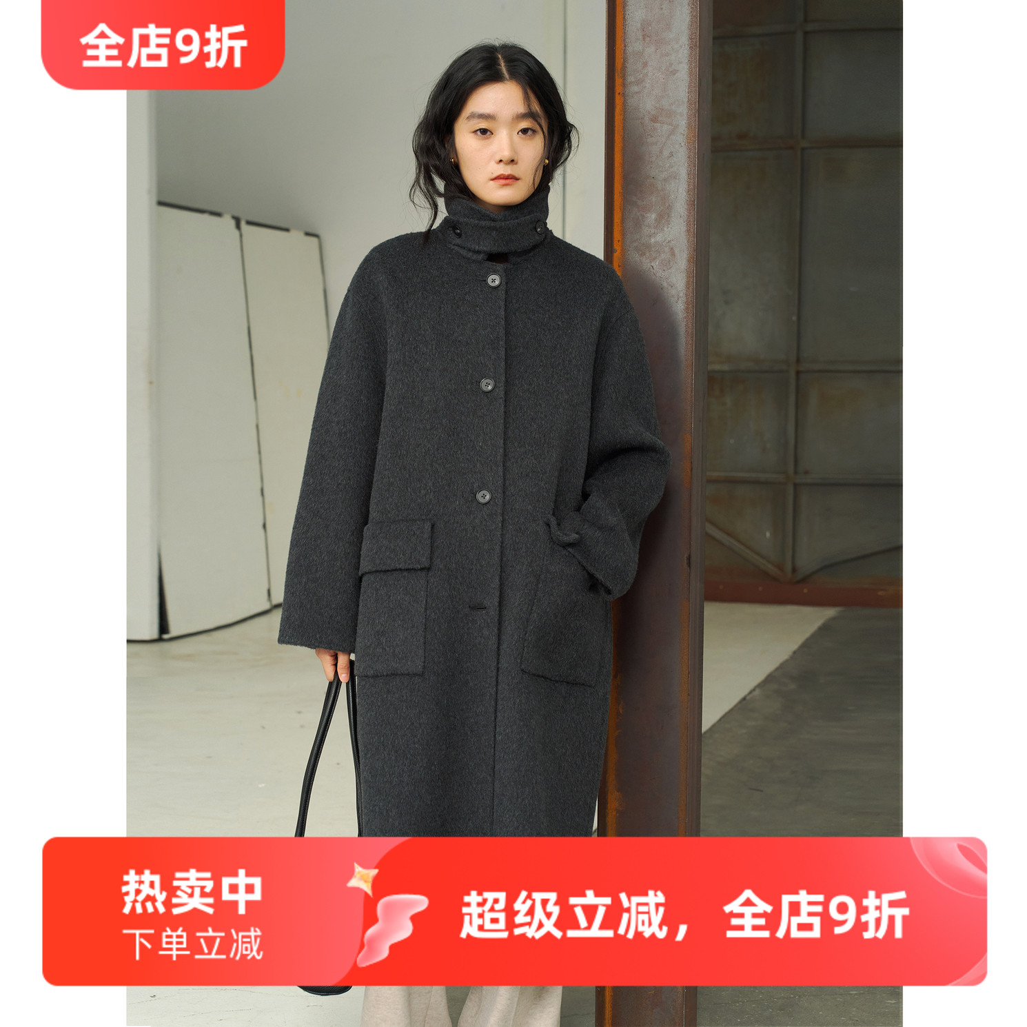 黑灰色长毛骆驼绒中长款宽松羊毛毛呢双面呢大衣女秋冬款休闲通勤