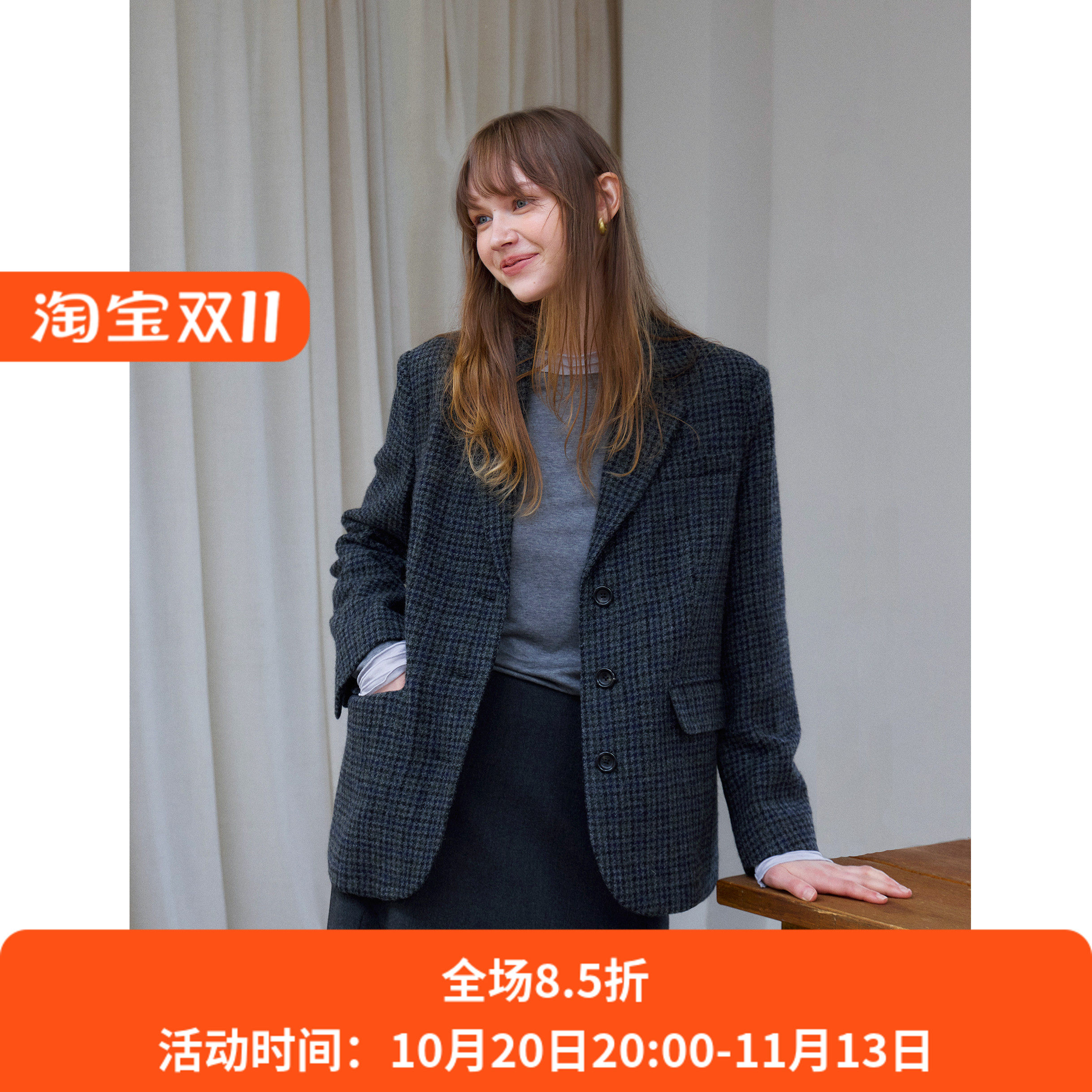 复古全羊毛休闲宽松短款西装毛呢外套女秋冬款呢子通勤韩版小个子