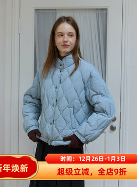 新国标90白鸭绒蓝色立领宽松保暖羽绒服女秋冬季款面包服外套韩版
