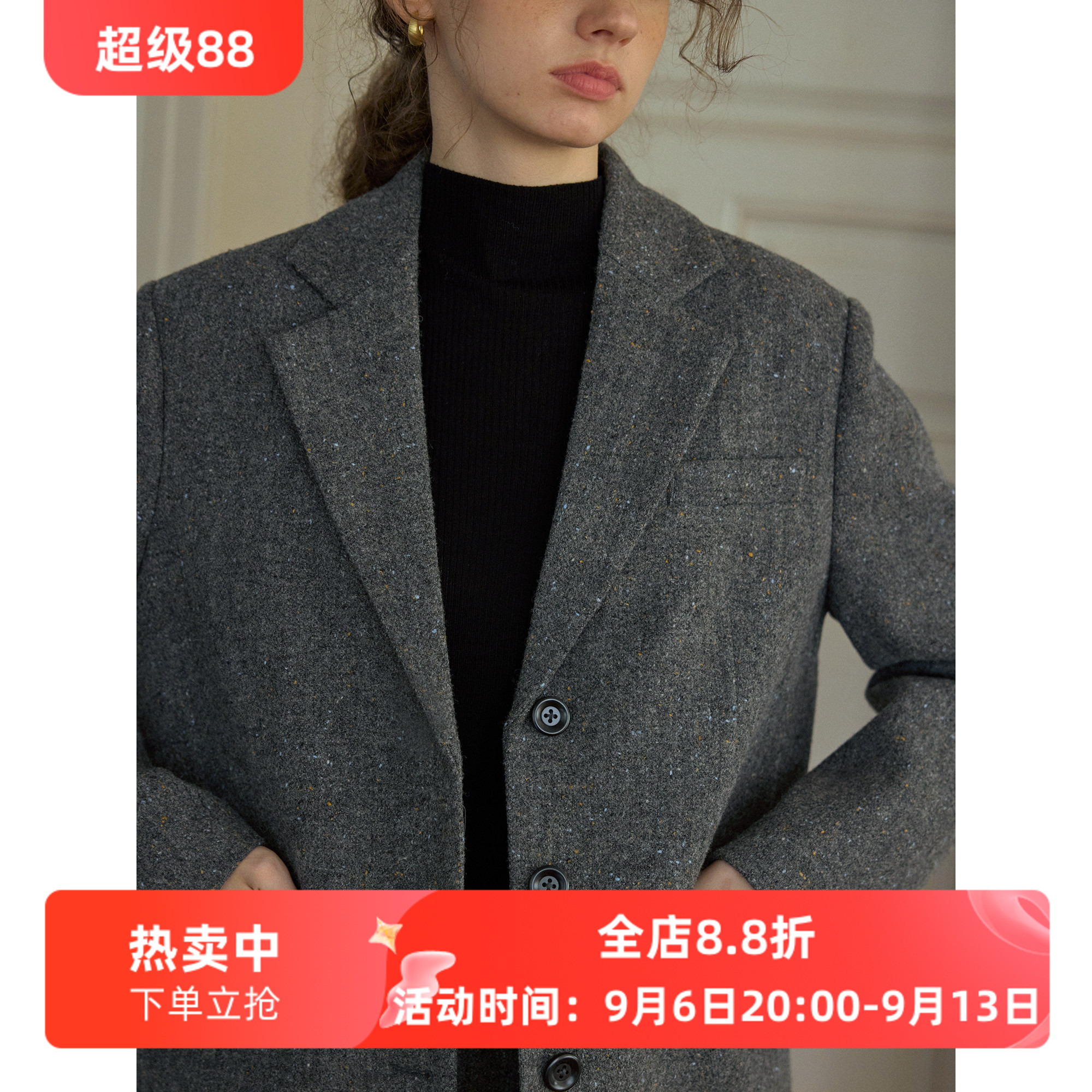 复古风灰色羊毛休闲宽松短款西装毛呢外套女秋冬新款呢子通勤韩版