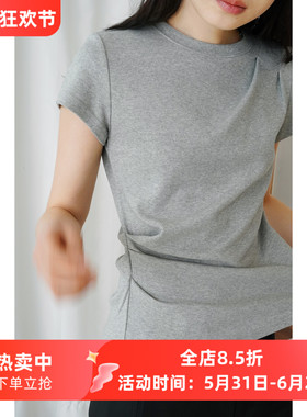 灰色不对称收腰显瘦正肩短袖T恤女小众设计感捏褶小飞袖夏款上衣