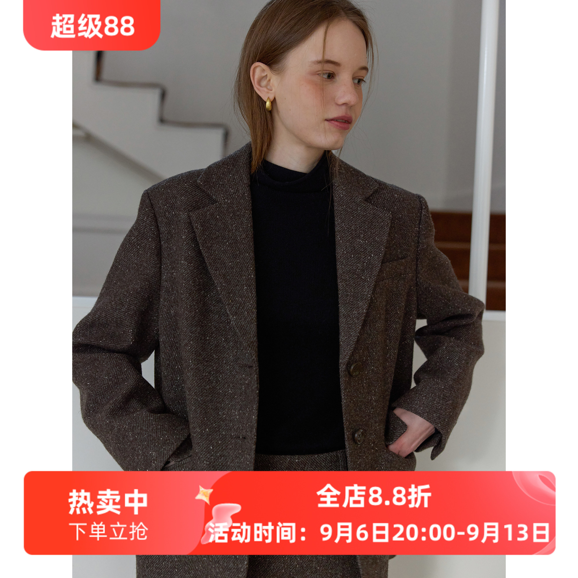 复古风棕色羊毛休闲宽松短款西装毛呢外套女秋冬新款呢子通勤韩版