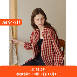 红色纯棉色织泡泡格宽松休闲宽松正肩薄款长袖衬衫女夏款透气上衣