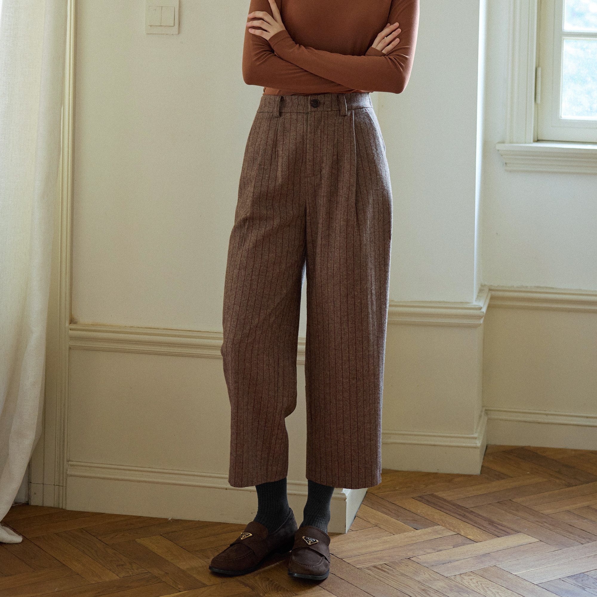 复古英伦风条纹羊毛毛呢松紧高腰直筒裤九分裤女秋冬季款休闲西裤