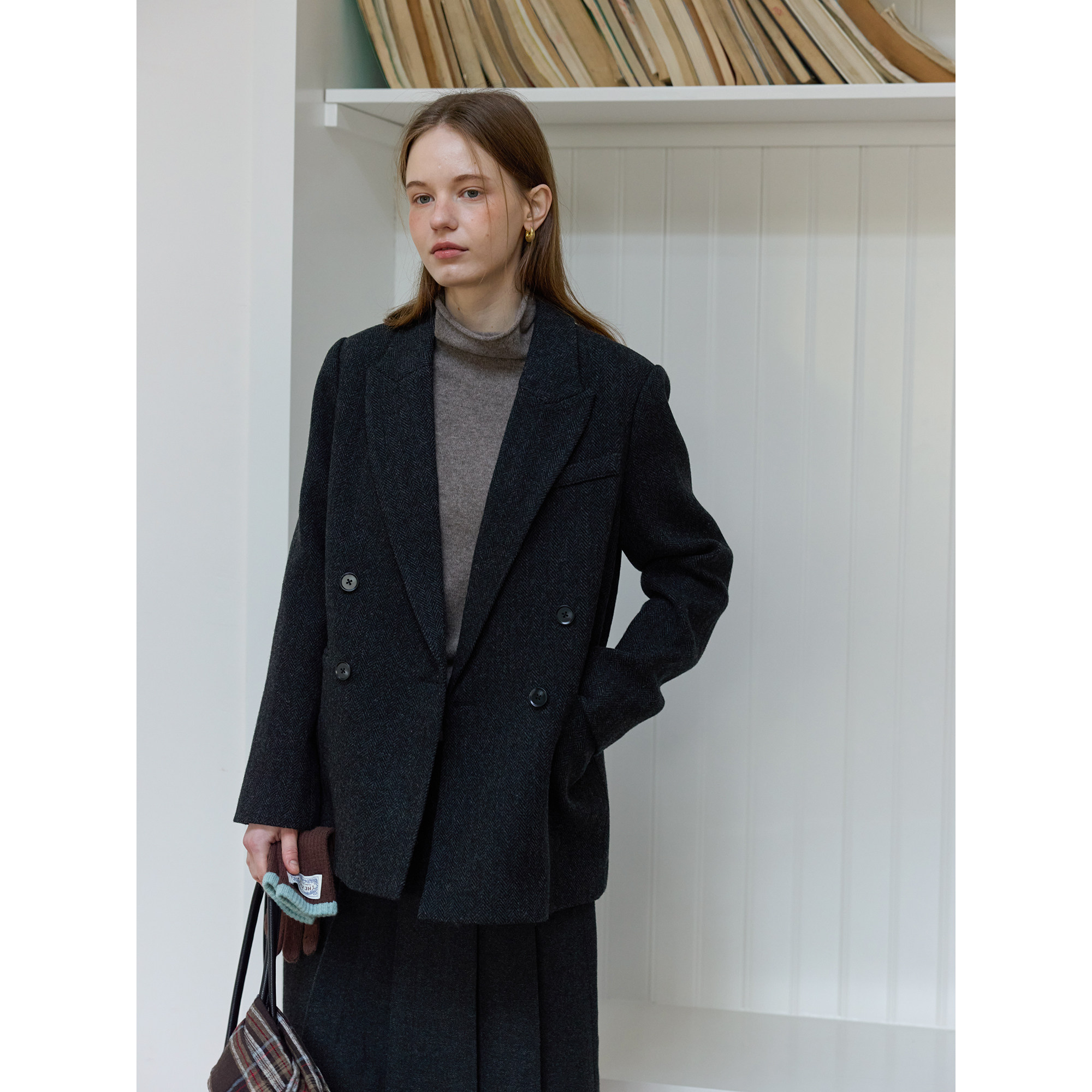 复古风全羊毛人字纹休闲宽松西装毛呢外套女呢子秋冬新款通勤韩版