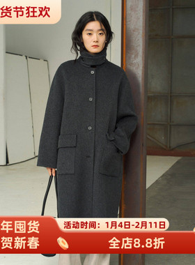 黑灰色骆驼绒中长款宽松羊毛双面呢大衣女秋冬款毛呢外套休闲通勤