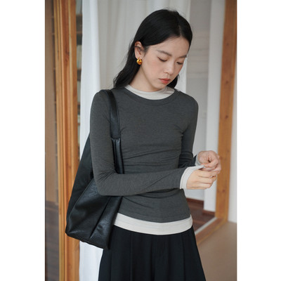 圆领设计感小众假两件修身显瘦打底衫长袖T恤女秋款叠穿内搭上衣