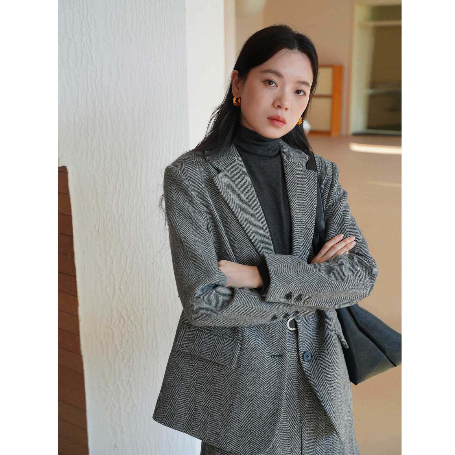 复古风全羊毛人字纹休闲宽松西装毛呢外套女呢子秋冬新款通勤韩版