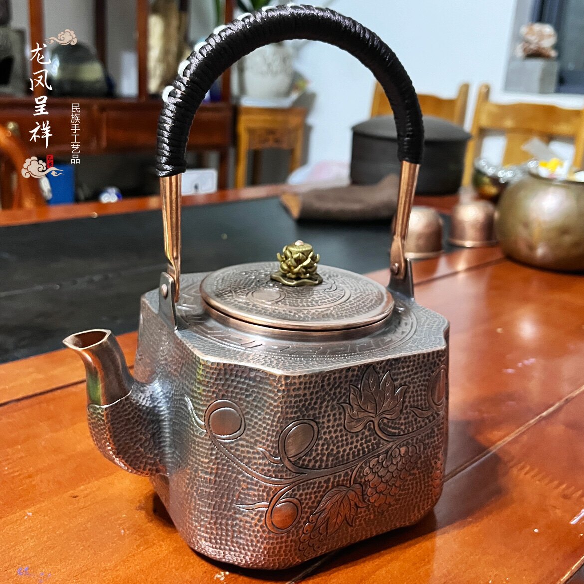 【紫铜茶具】1400ML方壶錾刻烧水壶煮茶壶纯手工锤纹加厚茶具铜壶
