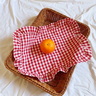 韩式格子餐垫公主风红格子餐布荷叶边可爱棉麻美食餐盘隔热背景垫