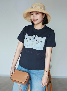 超减龄  萌系双猫咪印花  高织棉 显瘦高品质短袖T