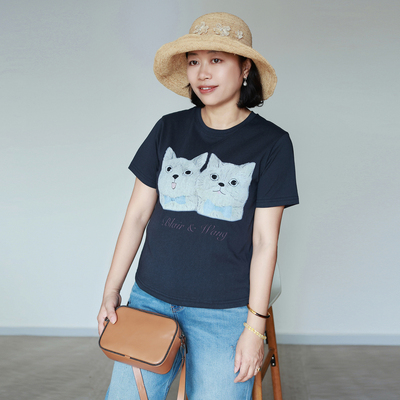 超减龄  萌系双猫咪印花  高织棉 显瘦高品质短袖T