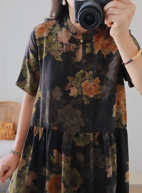 珍藏~ 大气黄色花朵 玉扣改良中国风 香云纱真丝宽松旗袍领连衣裙