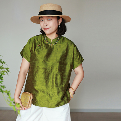 Z 超级推荐！ 碧枝新绿100%进口双宫真丝 斜襟轻中国风短袖上衣
