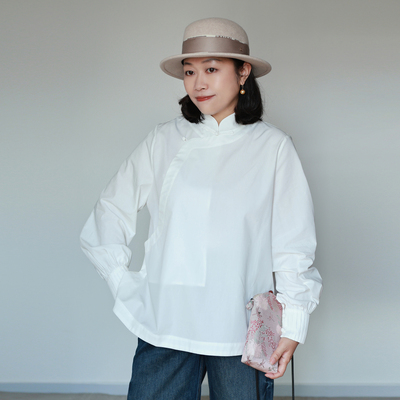 重工花瓣精致淑女百搭天丝棉新中式盘扣宽松白色衬衫旗袍上衣